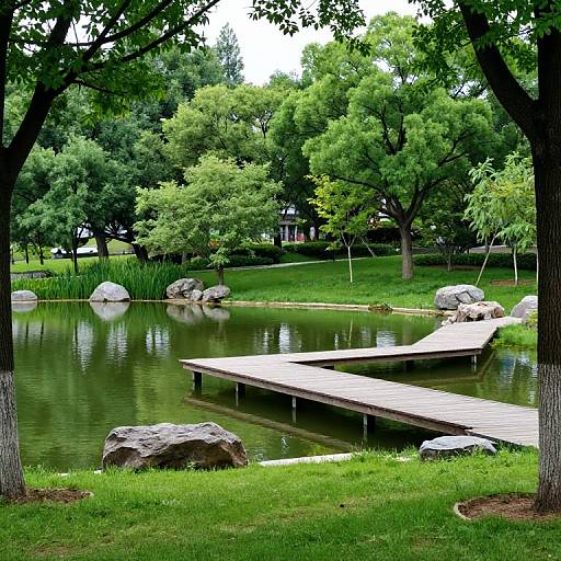 Photograph of a serene park with a wooden dock extending over a calm pond, surrounded by lush green trees, grass, and scattered rocks.