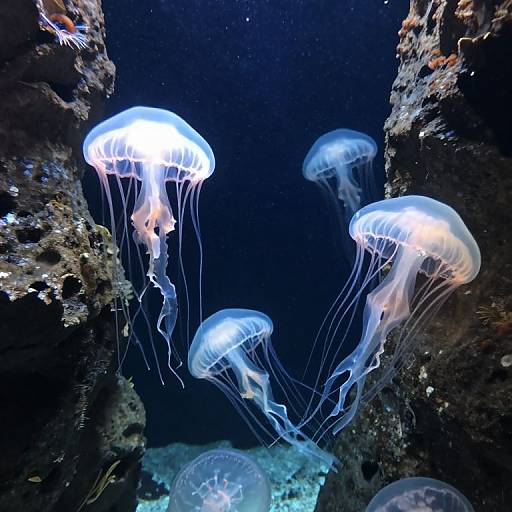 Photograph of glowing blue jellyfish with translucent bodies and long, wavy tentacles floating among dark, rocky underwater coral formations.
