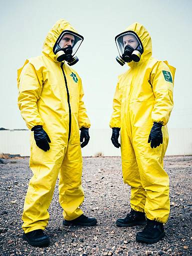 Two People in Yellow Hazmat Suits with Gas Masks