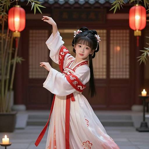 Digital artwork of an Asian woman in traditional white and red Chinese dress, performing a dance under red lanterns and bamboo.