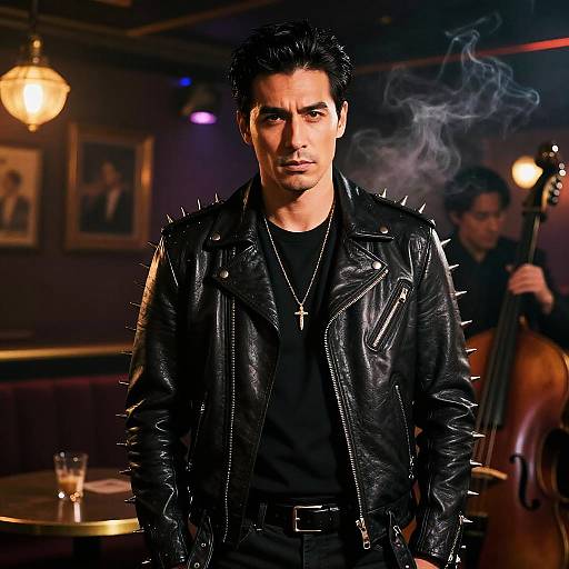 Man in Spiky Leather Jacket in Smoky Jazz Club