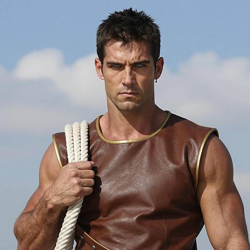Muscular Man in Brown Leather Tunic with Rope