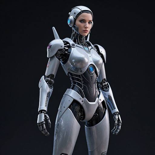 CGI image of a sleek, silver female humanoid robot with blue eye accents, standing against a black background. She has a confident expression, metallic joints