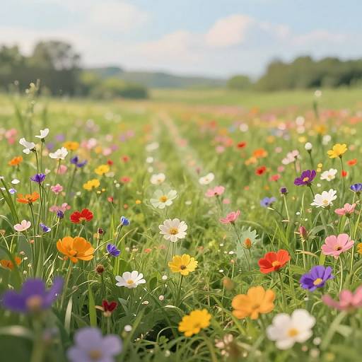 Vibrant photograph of a sunlit meadow filled with colorful wildflowers, including white, yellow, red, orange, and purple blooms, stretching