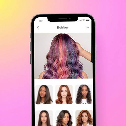 Photograph of a smartphone displaying a hair color app with a multicolored, wavy-haired 