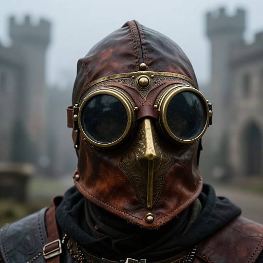 Steampunk character in brown leather mask with brass goggles, gold nose piece, and dark circular lenses, blurred castle background.