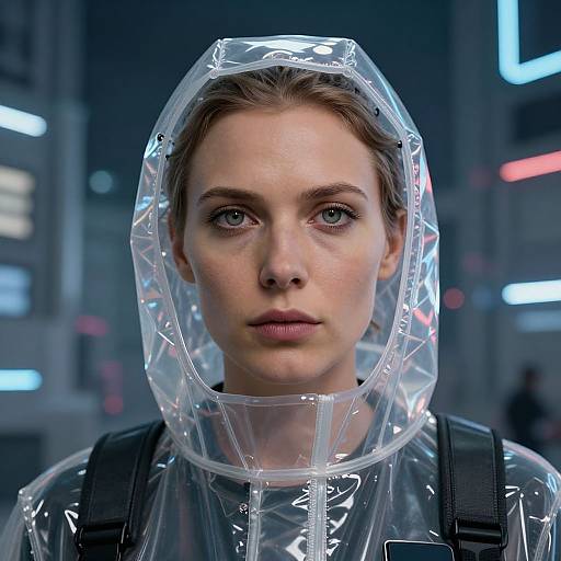 Photograph of a serious young woman with blue eyes, wearing a clear, plastic hooded raincoat, in a futuristic, neon-lit cityscape