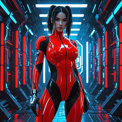 Cyberpunk Woman in Red Bodysuit