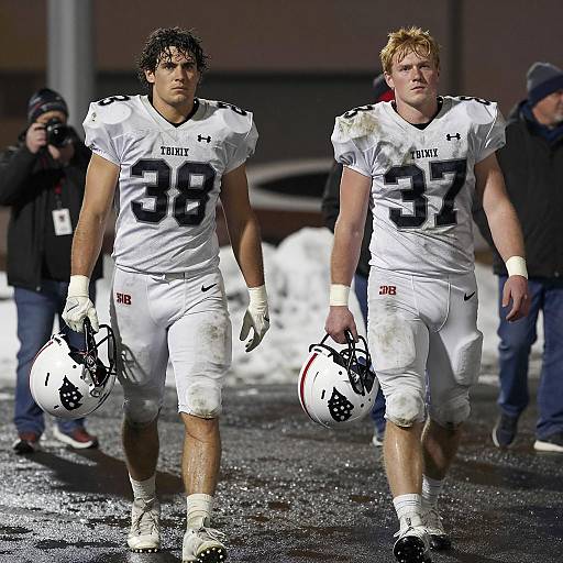 Nighttime Football Players in Urban Setting