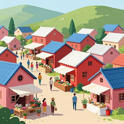 Colorful digital illustration of a bustling village with red and pink cottages, blue roofs, white awnings, potted flowers, and people walking on