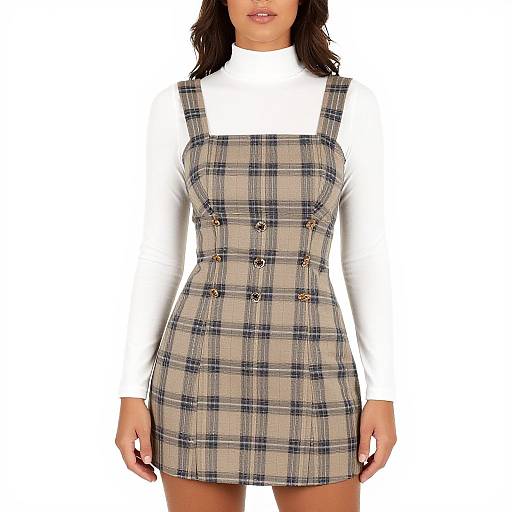 Photograph of a woman in a plaid, buttoned, sleeveless dress with a white turtleneck, standing against a plain white background.