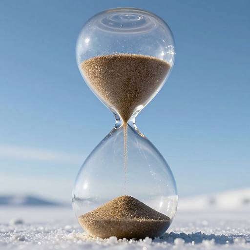 Photograph of a clear glass hourglass with brown sand, set against a bright blue gradient background and sparkling white surface.