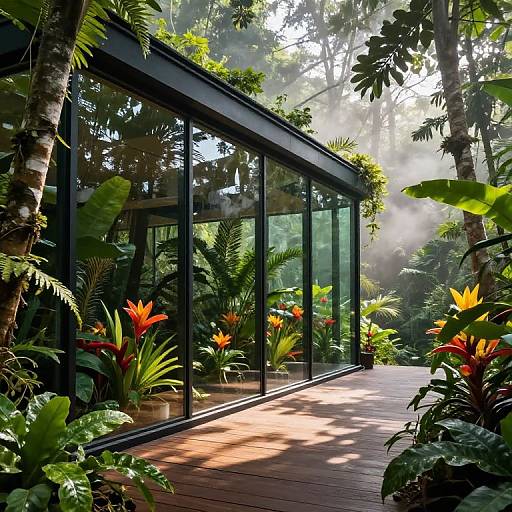 Photograph of a modern glass house surrounded by lush, tropical foliage with vibrant red and orange heliconias, misty sunlight filtering through the trees,