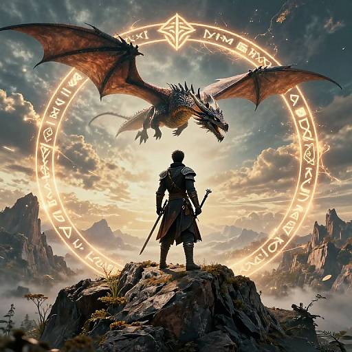 Epic fantasy artwork: Silhouetted warrior with sword stands on rocky peak, facing large, fiery-eyed dragon within glowing, runes-circle sky.