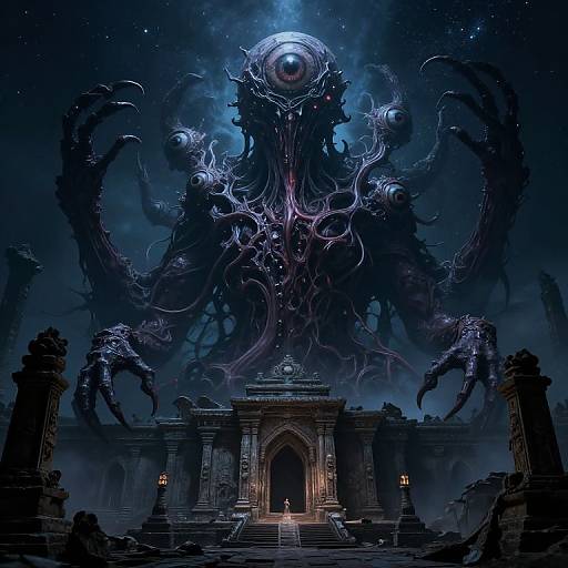 Digital artwork of a dark, tentacled creature looming over a ruined, illuminated temple with blue, starry night sky background.