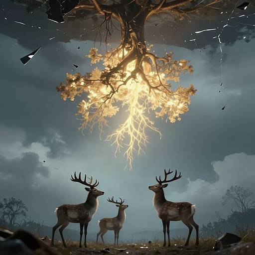 Inverted Luminous Tree and Reverent Stags