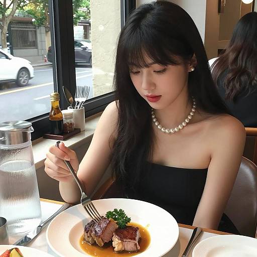 Asian woman dining at cafe