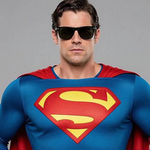 Photograph of a muscular man with short dark hair, black sunglasses, wearing a blue Superman suit with red 
