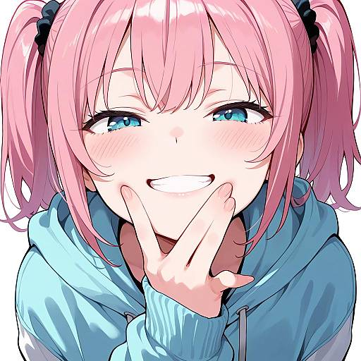 Pink Twintail Girl Grinning in Hoodie