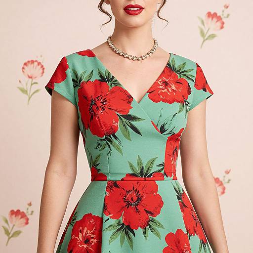 Photograph of a woman wearing a teal floral dress with red flowers, short sleeves, V-neck, gold necklace, red lipstick, and floral background.