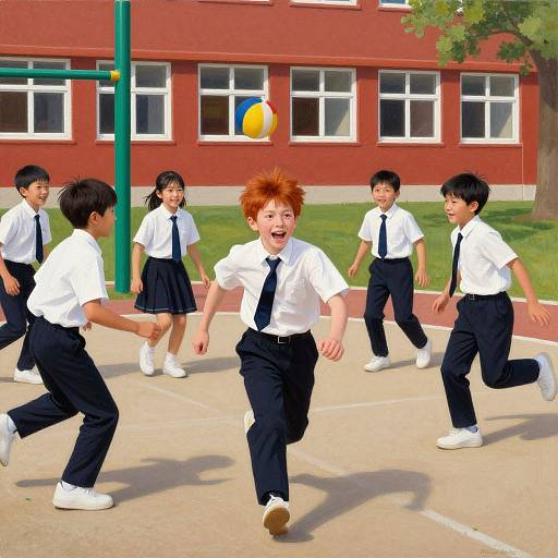 Digital CGI image of excited red-haired boy playing basketball with Asian classmates in white shirts and black ties on school playground. Red brick building and green trees in