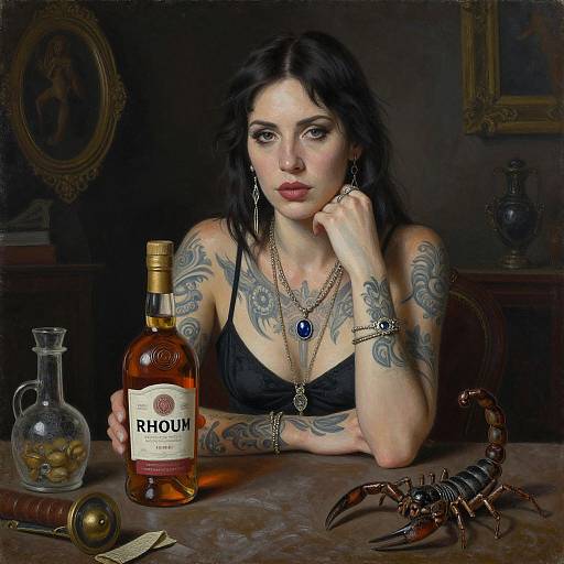 Tattooed woman with black hair, dark eyes, and black lingerie, leans on table with Rhum bottle, scorpion, and glass dec