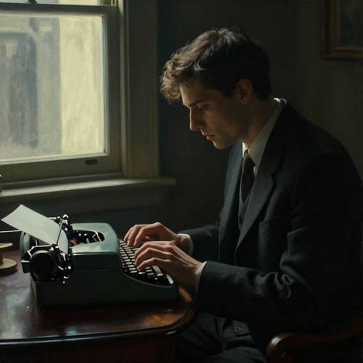 Photograph of a focused man in a dark suit, typing on a vintage black typewriter in dimly lit room by window.