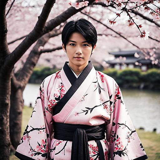 Young Asian Man in Pink Kimono with Cherry Blossoms