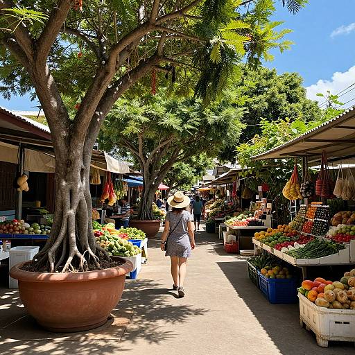Photograph of a sunny outdoor market with a woman in a sunhat and dress walking past colorful fruit stalls and large trees.
