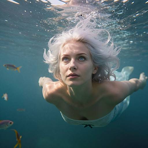 Photograph of a pale-skinned, silver-haired woman swimming underwater, looking up with wide eyes, surrounded by colorful fish, sunlight filtering above.