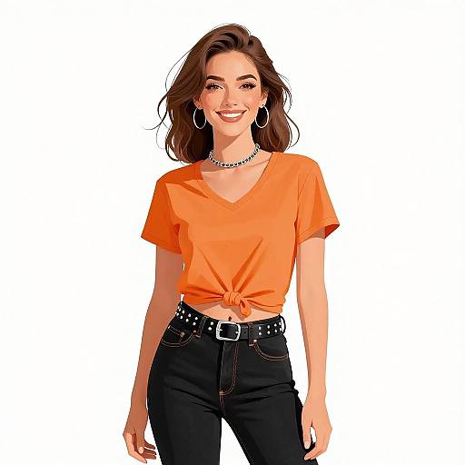 Digital illustration of a smiling woman with light skin, brown wavy hair, wearing an orange tied shirt, black jeans with studded belt, hoop earrings