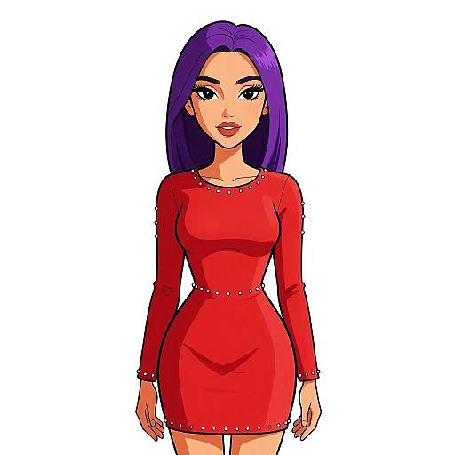 Digital illustration of a fair-skinned woman with purple hair, wearing a form-fitting, long-sleeve red dress with silver studs, standing against