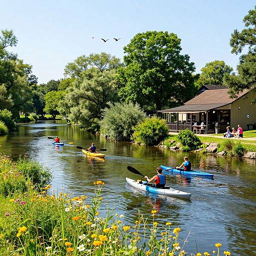 Photograph of sunny lake scene with kayakers in blue and white kayaks, surrounded by green trees and a brown-roofed building. Wildflowers