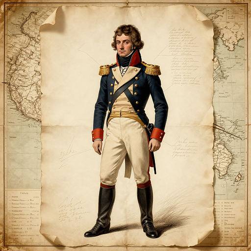 Digital illustration of a young, curly-haired Caucasian man in 18th-century naval uniform with gold epaulettes, standing against an aged map background