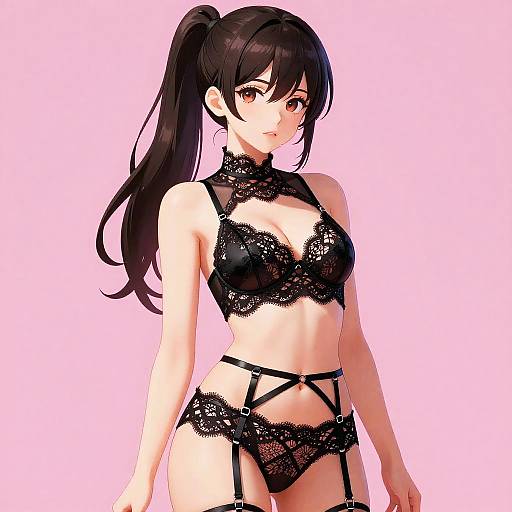 Digital anime-style drawing of a cute young woman with long black hair in a ponytail, wearing black lace lingerie against a pink background.