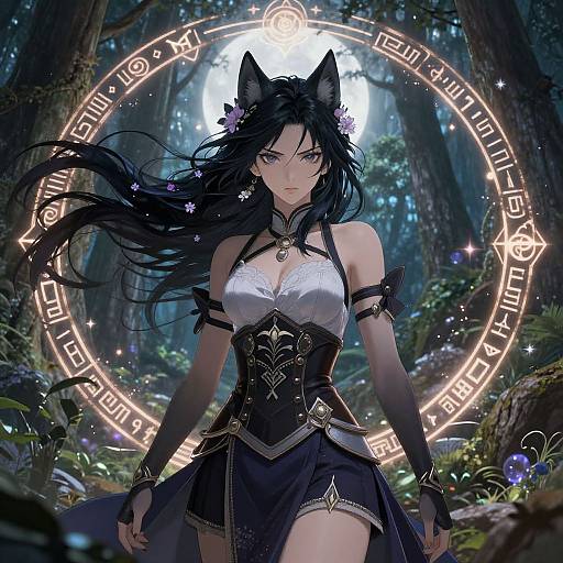 Digital fantasy artwork of a fierce, black-haired, cat-eared woman with glowing runes, wearing a black corset and skirt, in a magical forest