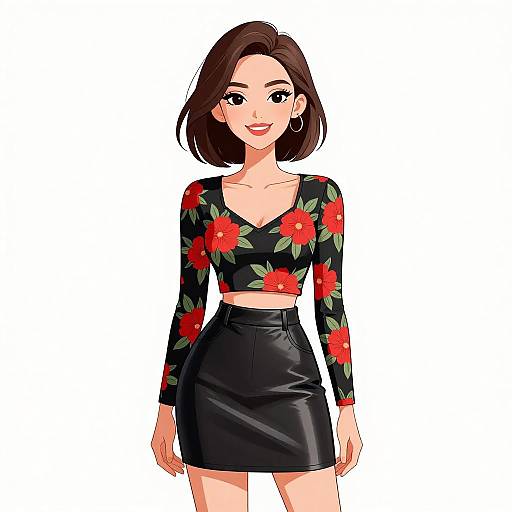 Digital anime-style illustration of a smiling brunette woman with short hair, wearing a black floral crop top and black leather skirt.