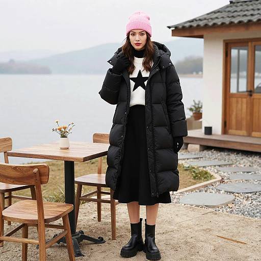 Winter Chic Woman at Lakeside Bistro