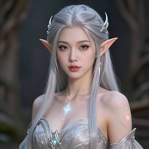 Digital artwork of a beautiful, pale-skinned, silver-haired elf woman with pointed ears, small horns, and glowing eyes, wearing a shiny, silver