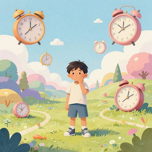 Digital illustration of a surprised boy in a white shirt and blue shorts standing in a colorful, whimsical meadow with floating clocks. Bright blue sky,