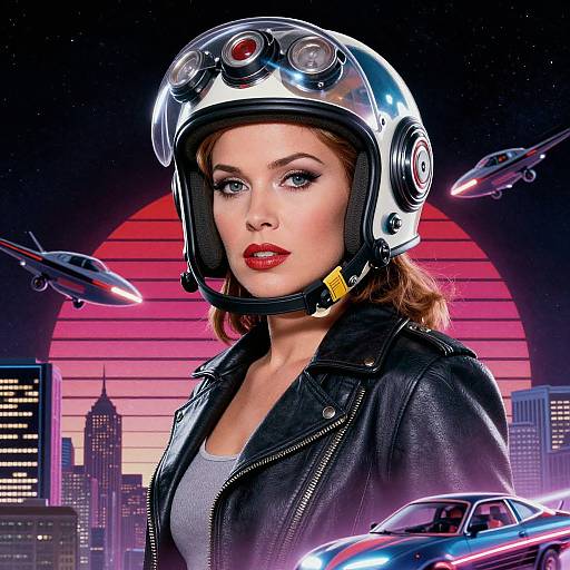 Digital artwork of a confident woman in a retro futuristic helmet, black leather jacket, red lipstick, with flying cars and UFOs against a neon sunset city