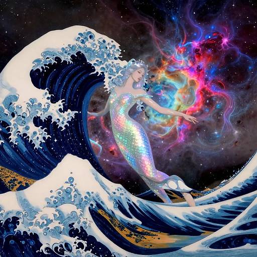 Digital art: Mermaid in shimmering silver dress, creating colorful cosmic fire against Hokusai-inspired blue waves, under starry night sky.