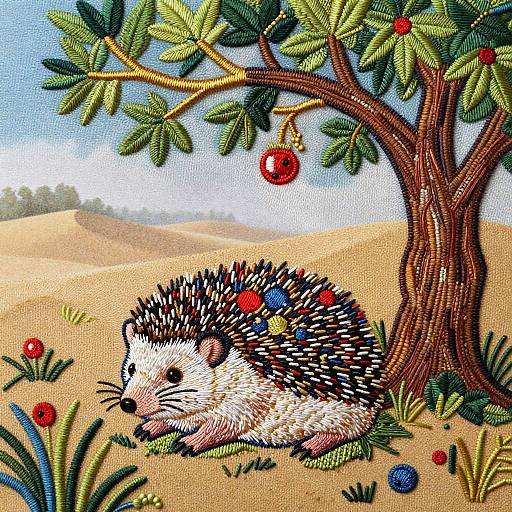 Embroidered Hedgehog Under Tree of Life