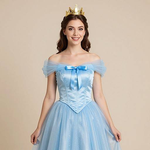 Photograph of a smiling woman with fair skin, brown wavy hair, wearing a gold crown, light blue off-shoulder satin dress with a