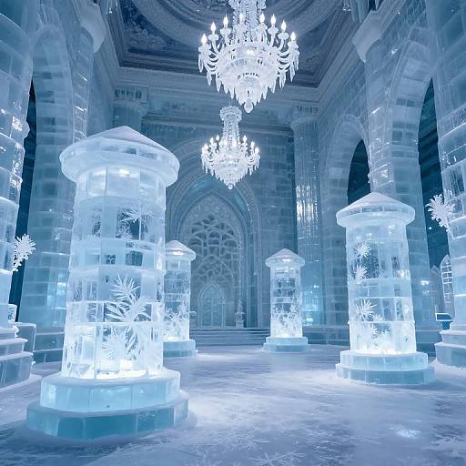Photograph of an ice-lit grand hall featuring glowing, crystal-like chandeliers and cylindrical ice structures with delicate ice plant designs.