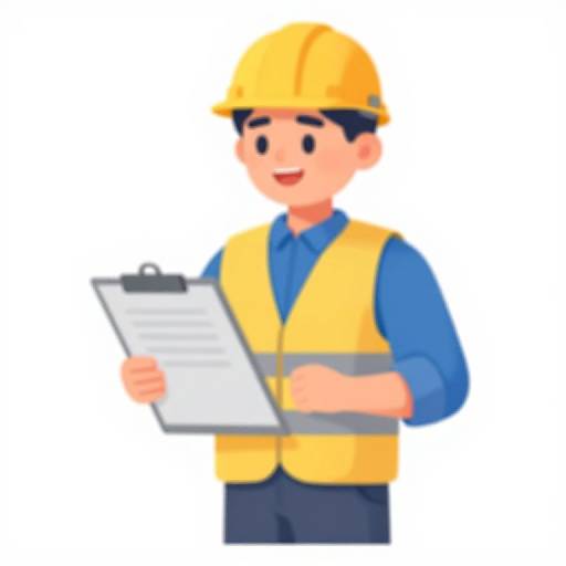 Cartoon illustration of a smiling male construction worker in a yellow hard hat, yellow vest, blue shirt, holding a clipboard.