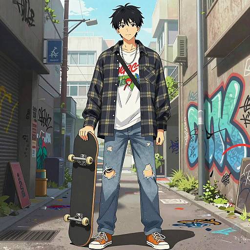 Lanky Teen Skater in Graffiti Alley
