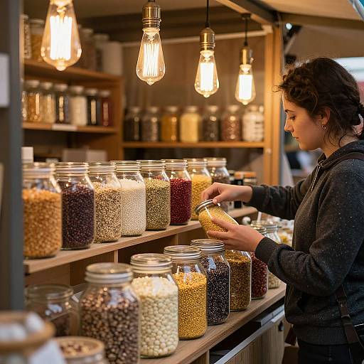 Photograph of a curly-haired woman in a black jacket, sorting grains from a jar in a warmly lit spice shop with hanging Edison bulbs and shelves of