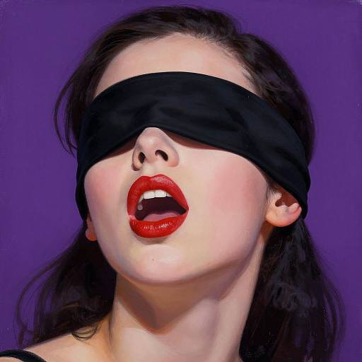 Photograph of a pale-skinned woman with black blindfold, red lips open, against a purple background, emphasizing sensuality and mystery.