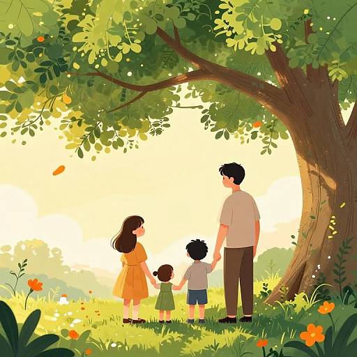Digital illustration of a family standing under a large tree in a sunlit, flower-filled meadow, holding hands, with warm sunlight filtering through the leaves